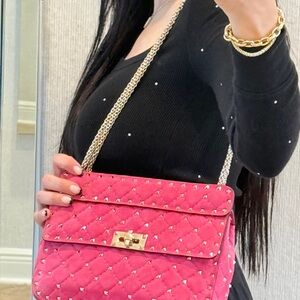 Valentino Garavani Pink Quilted Velvet Rockstud Spike Bag